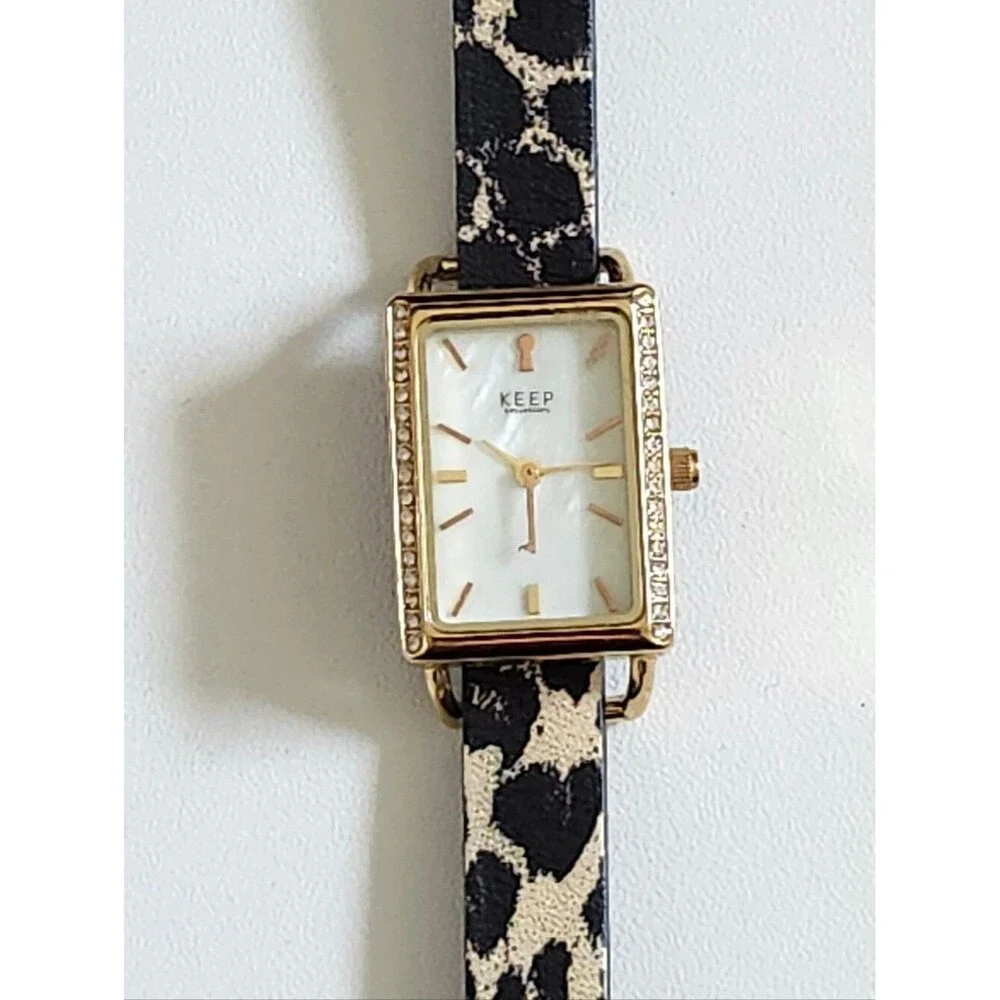 KEEP Collective Rectangular Gold Watch with Black & Cream Leopard Strap